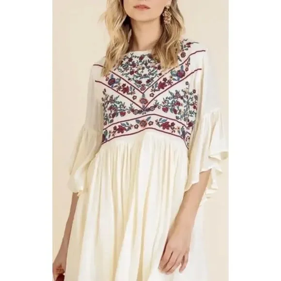 Umgee The Hanna Embroidered Ivory Boho‎ Mini Festival Dress Cottagecore Sz L - Picture 2 of 12